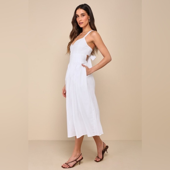 LULU’S Strolling Sicily White Pleated Backless Midi Dress With Pockets - Picture 5 of 5